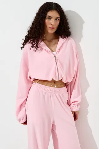 Худи на молнии из велюровой ткани розового цвета