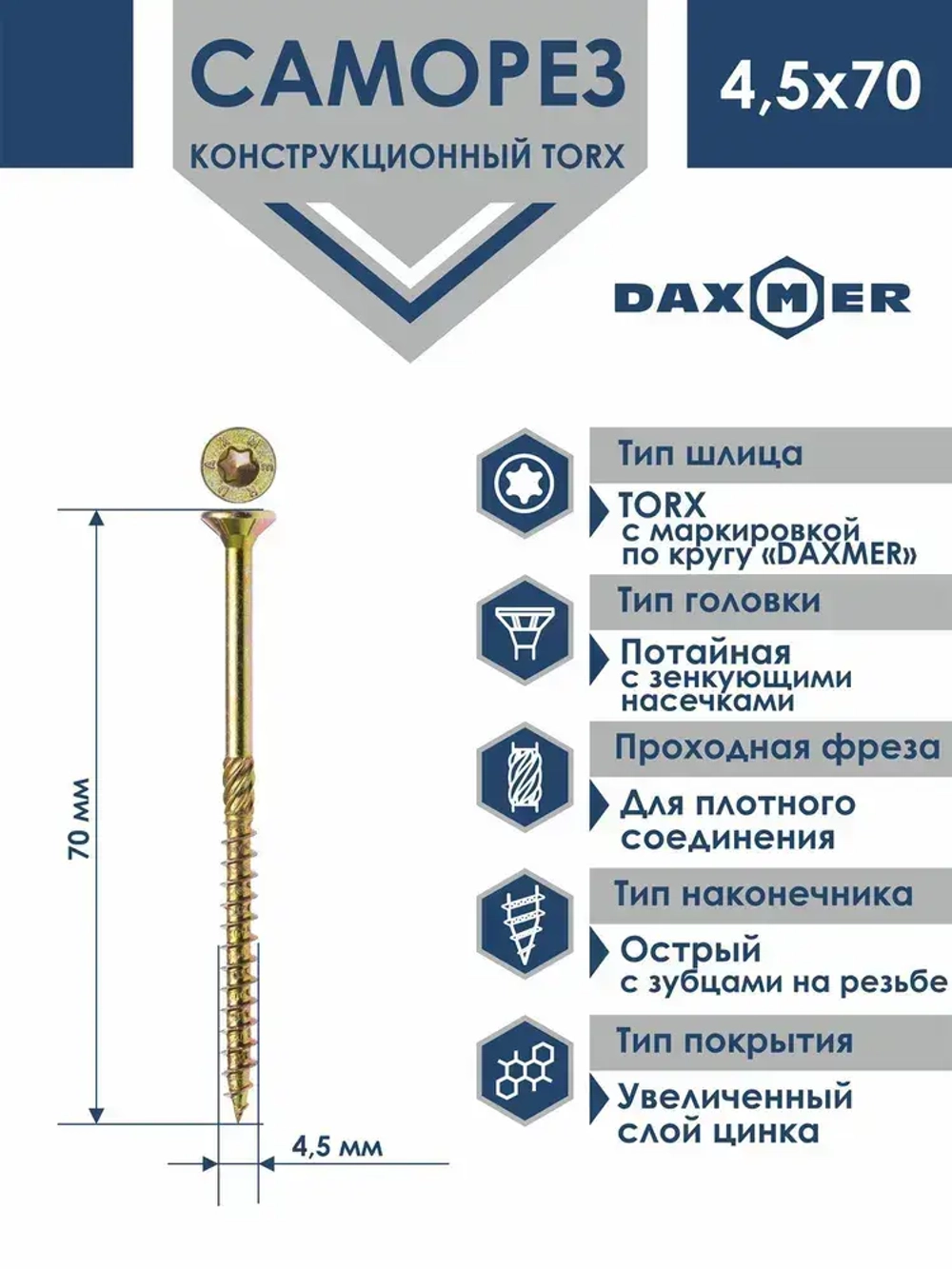 Саморез универсальный Torx Daxmer 4,5х70 (250 шт)