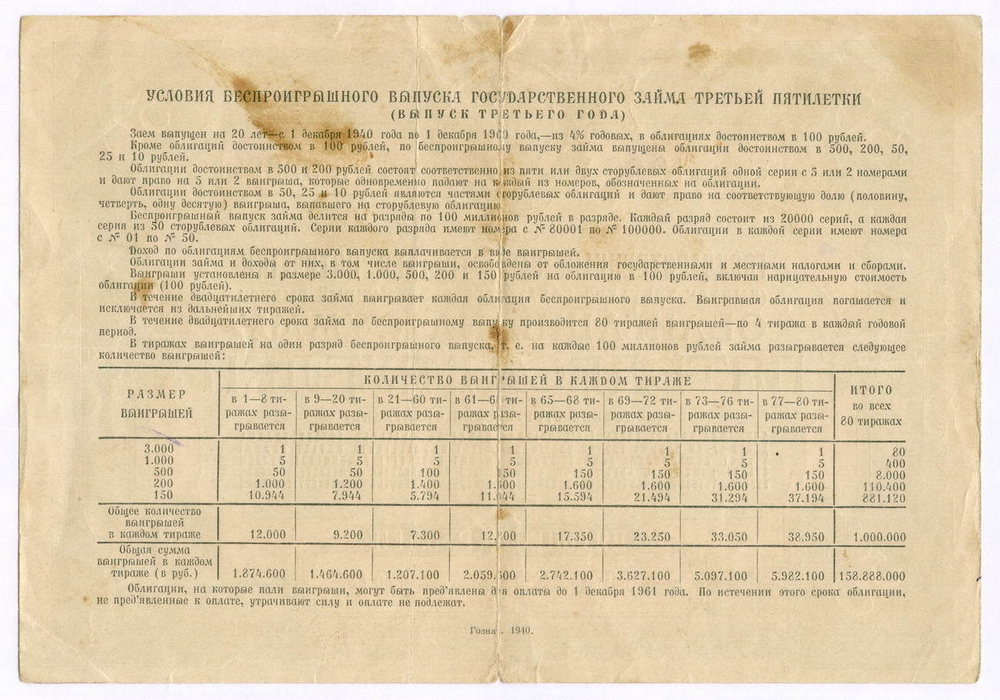 Облигация 50 рублей 1940 год. Заем 3-ей пятилетки. Серия № 92399. VG-F