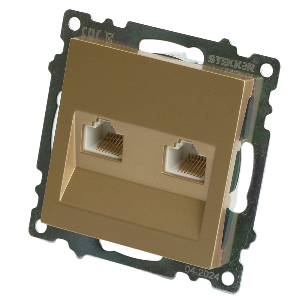 Розетка компьютерная 2-местная RJ-45 (механизм) STEKKER GLS00-7109-08, серия Катрин, золото 50009