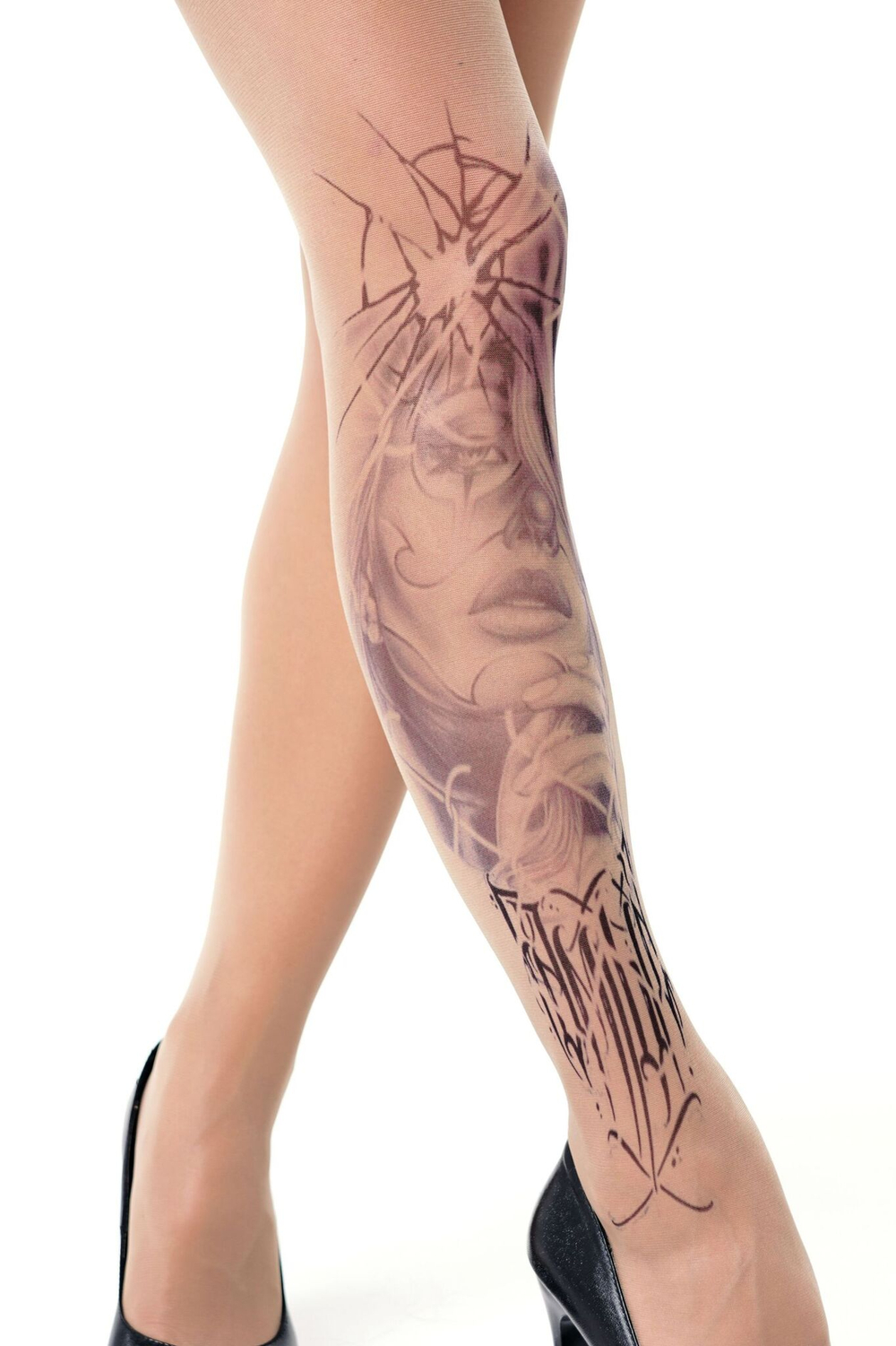 Колготки с принтом в виде девушки за стеклом и сеткой (Размер: S-M-L) (Цвет: бежевый)