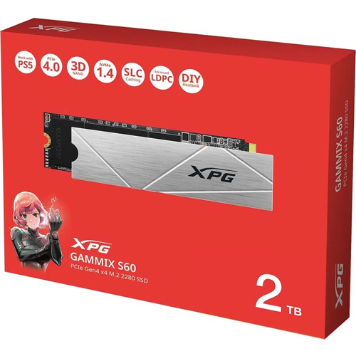 Жесткий диск SSD M.2 2Tb ADATA XPG Gammix S60, 5000/3200MBs, 540000 IOPS, TLC 3D NAND, PCI-E4.0x4 (AGAMMIXS60-2T-CS)
