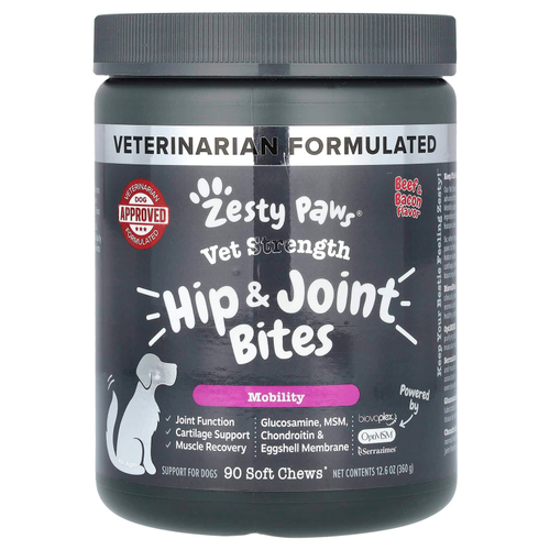 Zesty Paws, Vet Strength Hip & Joint Bites, для собак, для всех возрастов, говядина и бекон, 90 жевательных таблеток, 360 г (12,6 унции)