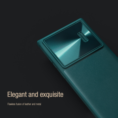 Чехол зеленого цвета (Exuberant Green) с вставками из кожи от Nillkin для Samsung Galaxy S23 Ultra, полуавтоматическая конструкция сдвижной крышки, серия CamShield Leather Case S