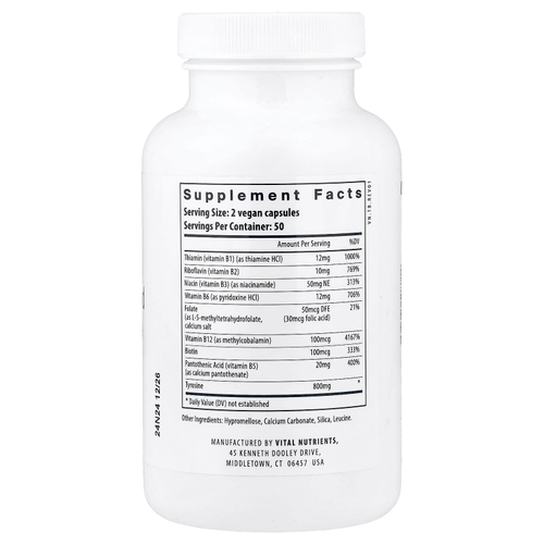 Vital Nutrients, тирозин и витамины группы B, 100 растительных капсул