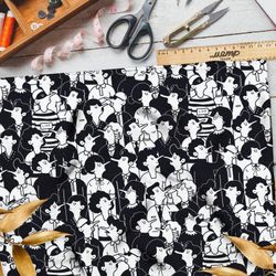 Ткань флис чёрно-белые фигурки людей