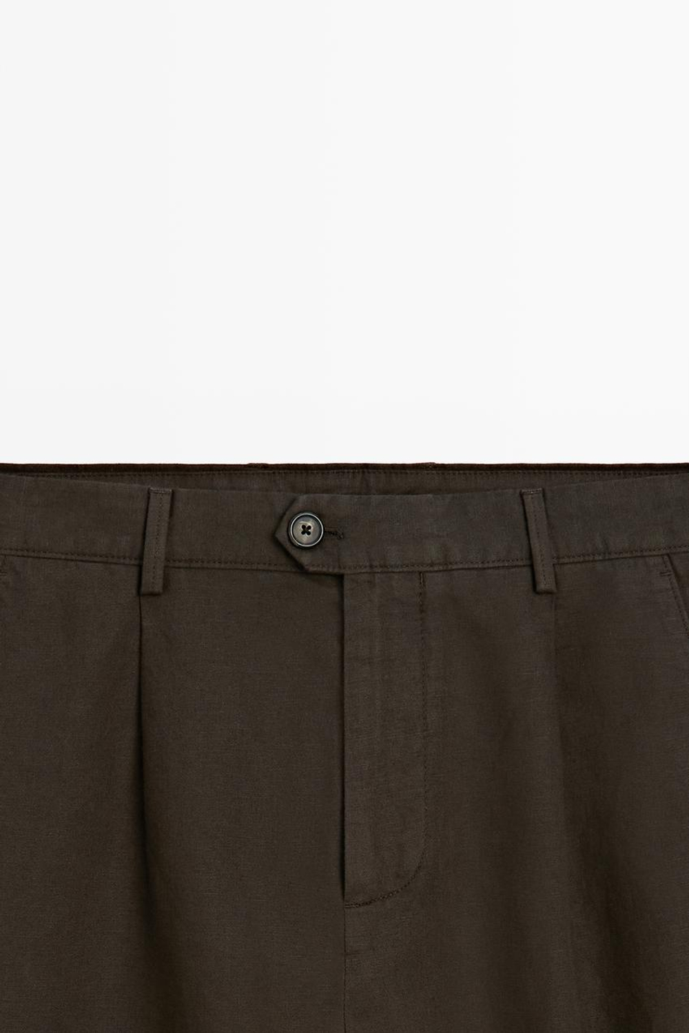 Massimo Dutti Прямые брюки из льна и хлопка с вытачками, коричневый