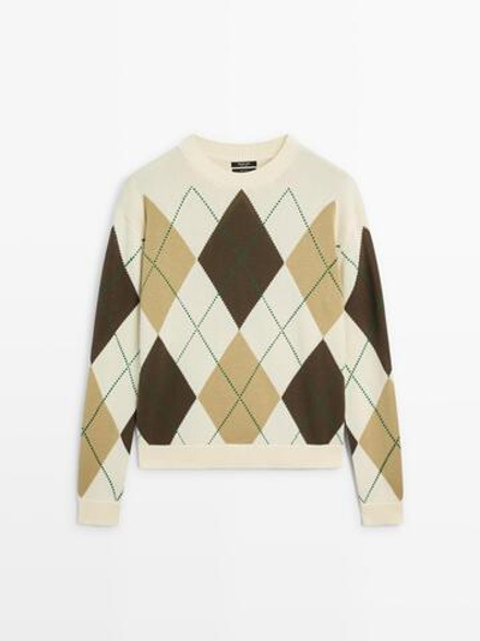Massimo Dutti Хлопковый вязаный свитер с узором ромбы, натуральный/кремовый