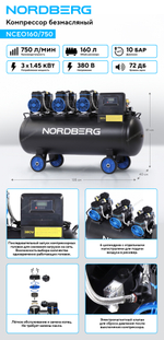 Компрессор безмасляный 380 В, ресивер 160 л, 750 л/мин NORDBERG NCEO160/750