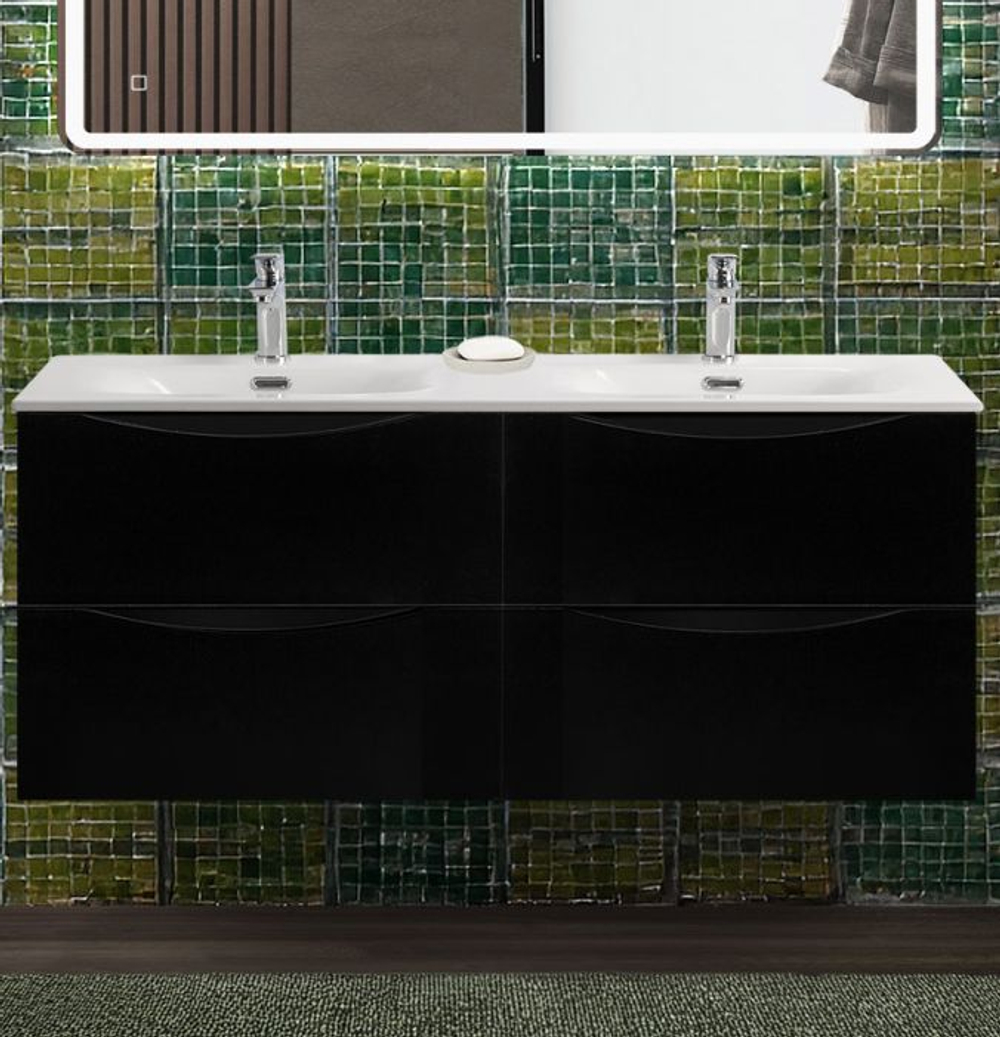 Тумба с раковиной подвесная BelBagno MARINO-CER-N-1200-4C-SO-NL-P Nero Lucido, раковина белая BB-8099-120-2 с 2-я чашами