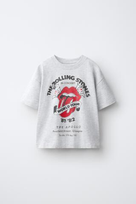 ZARA ФУТБОЛКА С ПРИНТОМ ROLLING STONES ©, СЕРЫЙ МЕЛАНЖ