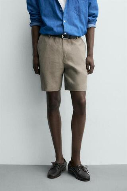 ZARA БЕРМУДЫ ИЗ 100% ЛЬНА КЛАССИЧЕСКОГО КРОЯ, СВЕТЛО-БЕЖЕВЫЙ