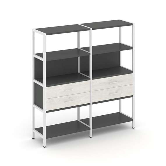 Shelf System Двухсекционный стеллаж четырехярусный с ящиками SN.STM-422 Антрацит/Дуб Наварра/Металл