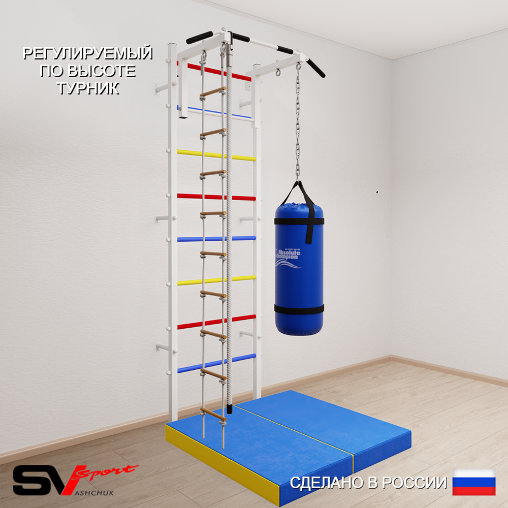 Шведская стенка Sv Sport усиленная 6145 (Турник стандарт/Канат/Лестница/Цепь/Мешок 15кг/Мат 1м)
