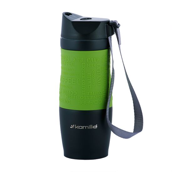 Термокружка 380 мл. из нержавеющей стали Kamille KM 2052A с TPR-вставкой и ремешком
