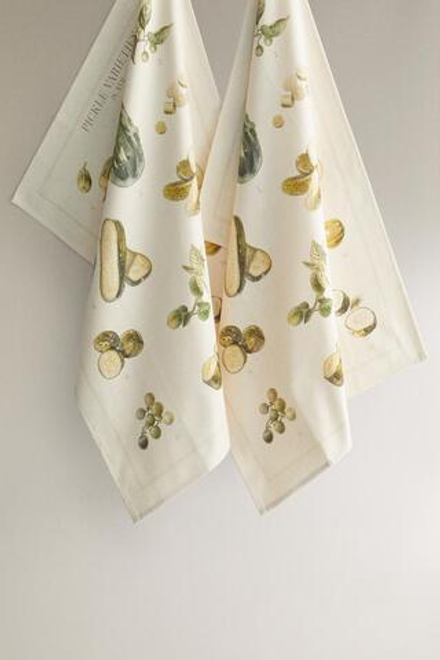ZARA HOME ПОЛОТЕНЦЕ С РИСУНКОМ ОГУРЦОВ 2ШТ, ЭКРЮ