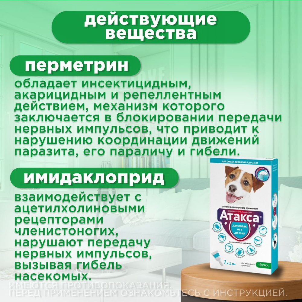 Капли от блох, клещей, вшей, власоедов, а так же кровососущих мух и комаров для собак от 4-10 кг Атакса (KRKA), 1 пипетка Имидаклоприд/Перметрин