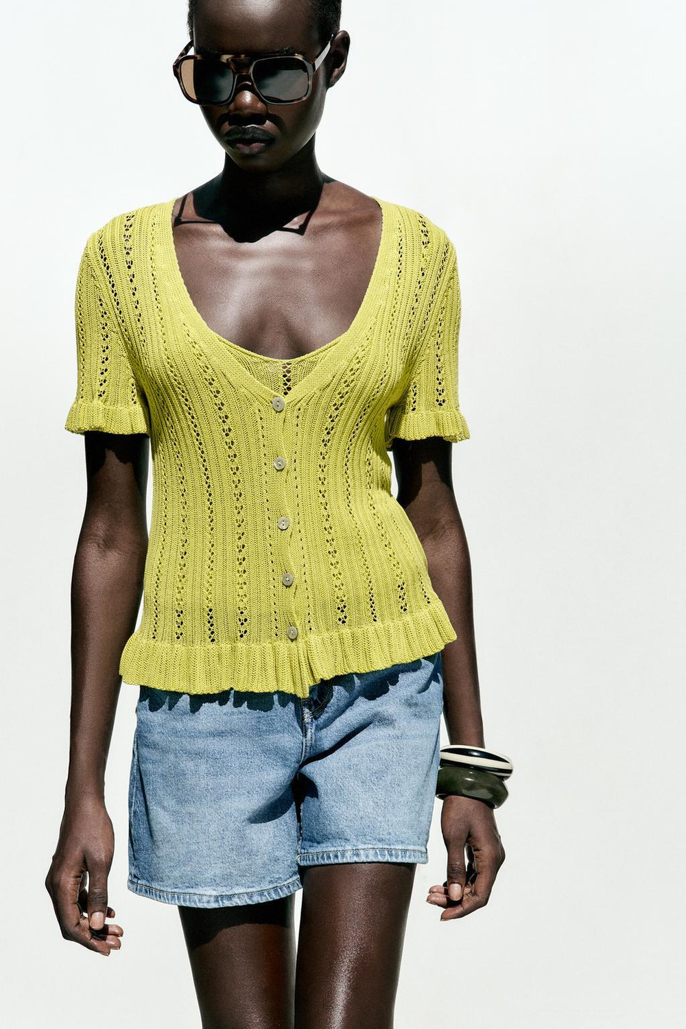 ZARA КАРДИГАН С ВОЛАНАМИ И ПЕРФОРАЦИЕЙ, ЗЕЛЕНЫЙ