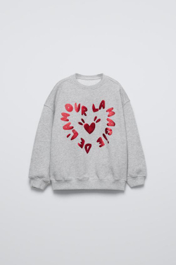 ZARA ТОЛСТОВКА С НАДПИСЬЮ, СЕРЫЙ С МЕЛАНЖЕВЫМ ЭФФЕКТОМ