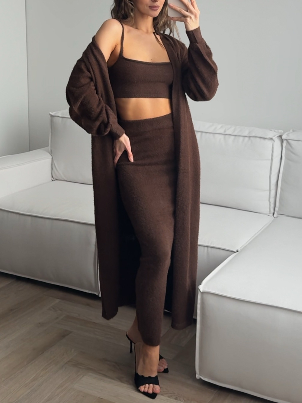 Комплект вязаный, пушистый, юбка, топ, кардиган