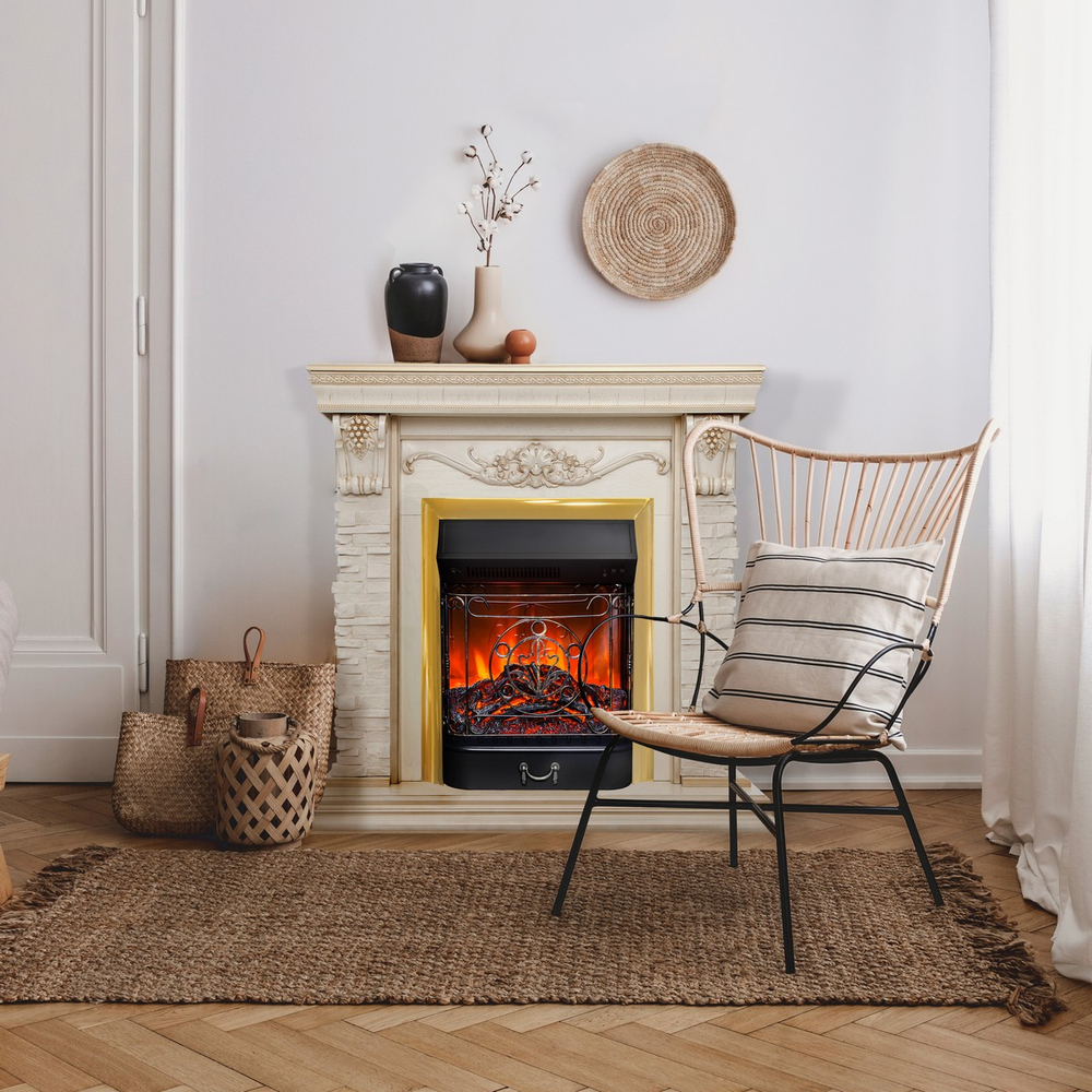 Электрокамин RealFlame Patricia WT белый дуб с золотой патиной с очагом Majestic Lux Brass
