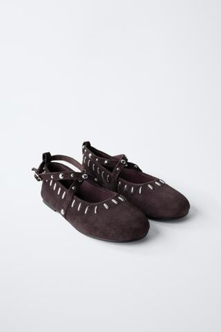 ZARA ЗАМШЕВЫЕ БАЛЕТКИ С ЗАКЛЕПКАМИ, ЛИЛОВЫЙ
