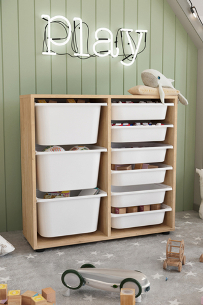 Стеллаж CAGLA с 9 выдвижными ящиками - дуб