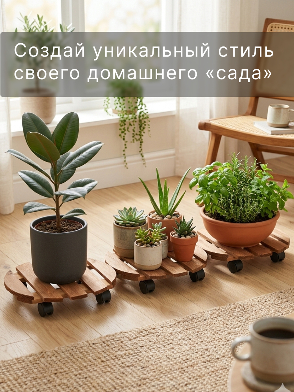 Подставка для цветов, 30х30х7, Флорэль, круглая на колесиках, этажерка, напольное, на подоконник, полка, из массива дерева, рустик, Dipriz