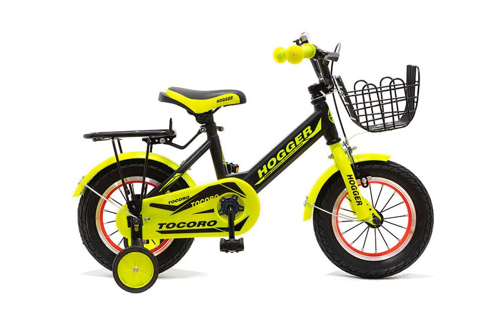 Велосипед 12 HOGGER TOCORO сталь ручной и ножной тормоз доп.колеса корзина черно-лимонный