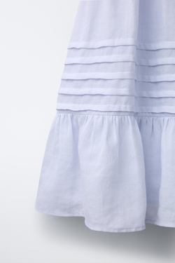 ZARA ПЛАТЬЕ ИЗ 100% РАМИ С СБОРКАМИ И КРУЖЕВОМ, НЕОНОВЫЙ СИНИЙ