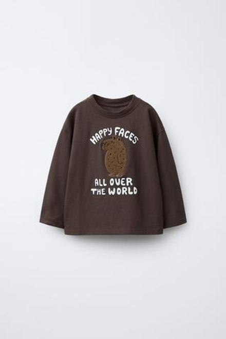 ZARA ЛОНГСЛИВ С НАШИВКОЙ «КАПИБАРА» ИЗ МАХРОВОЙ ТКАНИ, КОРИЧНЕВЫЙ