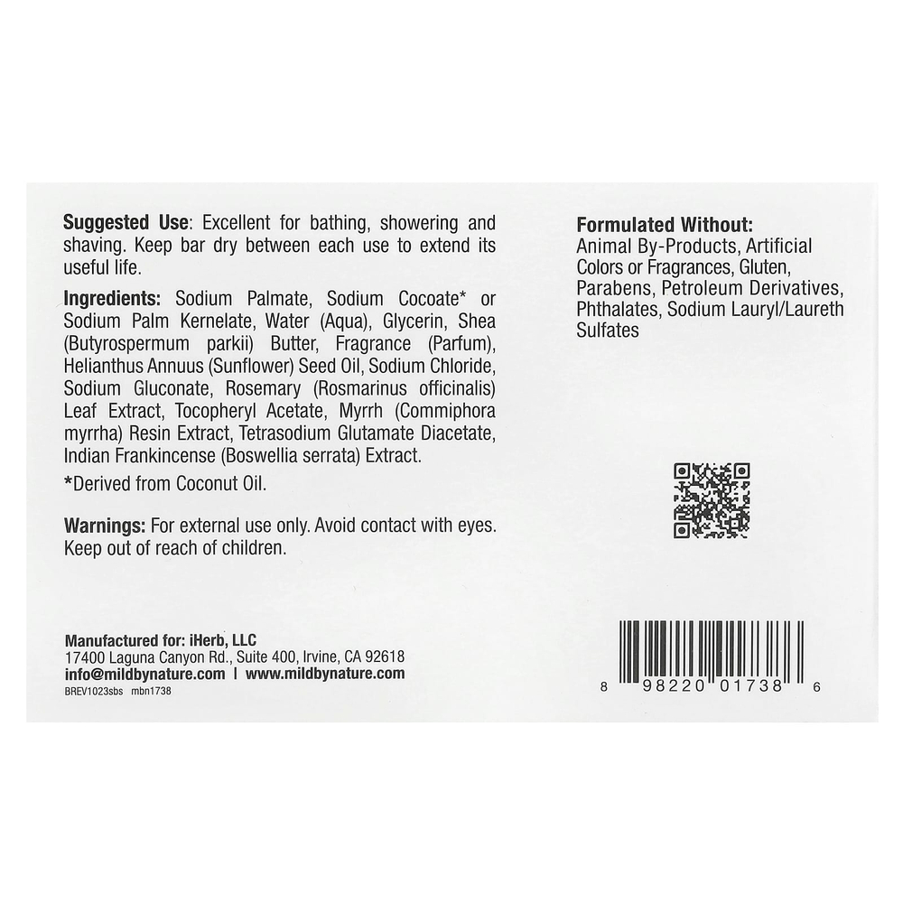 Mild By Nature, кусковое мыло с сырым маслом ши, с витамином E, розмарином, миррой и ладаном, 141 г (5 унций)