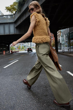 ZARA БРЮКИ PAPER BAG С ПОЯСОМ, ЗЕЛЕНОВАТЫЙ