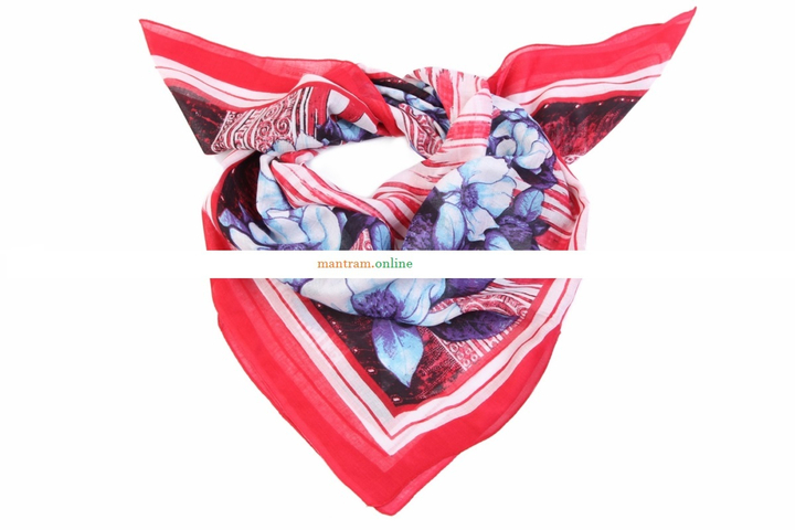 Платок материал Хлопок 100% "Синие Цветы" цвет бело-красный 100x100 см.