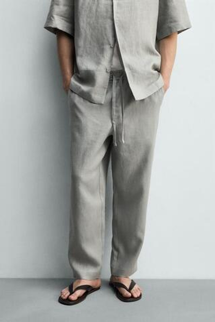 ZARA БРЮКИ RELAXED FIT ИЗ 100% ЛЬНА, СВЕТЛО-СЕРЫЙ