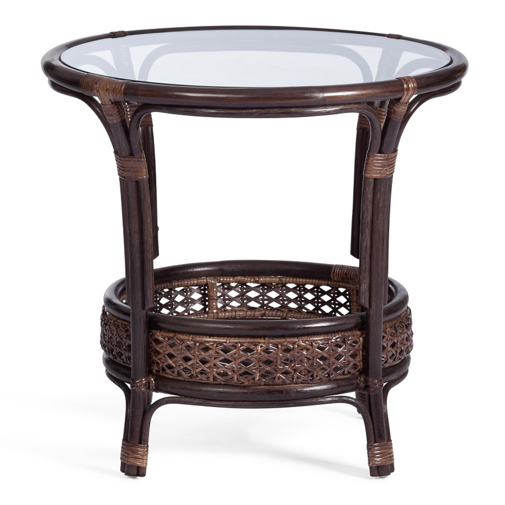 Комплект "PELANGI" (стол со стеклом + 4 кресла) с подушками, ротанг, кресло 65х65х77см, стол диаметр 64х61см, walnut (грецкий орех)