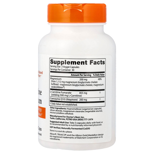 Doctor's Best, коэнзим Q10, L-карнитин и магний, 90 вегетарианских капсул