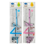 Линейка Basir пластиковая, набор 4 шт, серия "Цветные вставки", 4 предмета: линейка с трафаретом 20 см, транспортир и два угольника