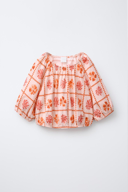 ZARA УКОРОЧЕННАЯ ФУТБОЛКА С ПРИНТОМ, КОРАЛЛОВЫЙ