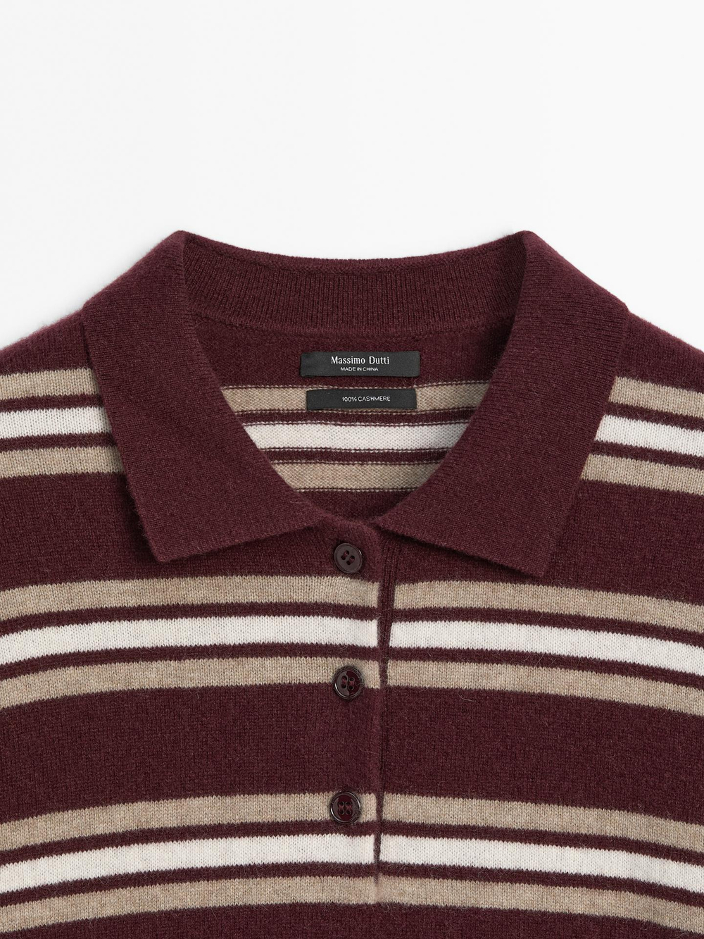 Massimo Dutti Свитер поло из 100% кашемира в полоску, цвет бургундского вина