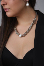 Колье Византия с белым жемчугом Майорка, оттенок серебро