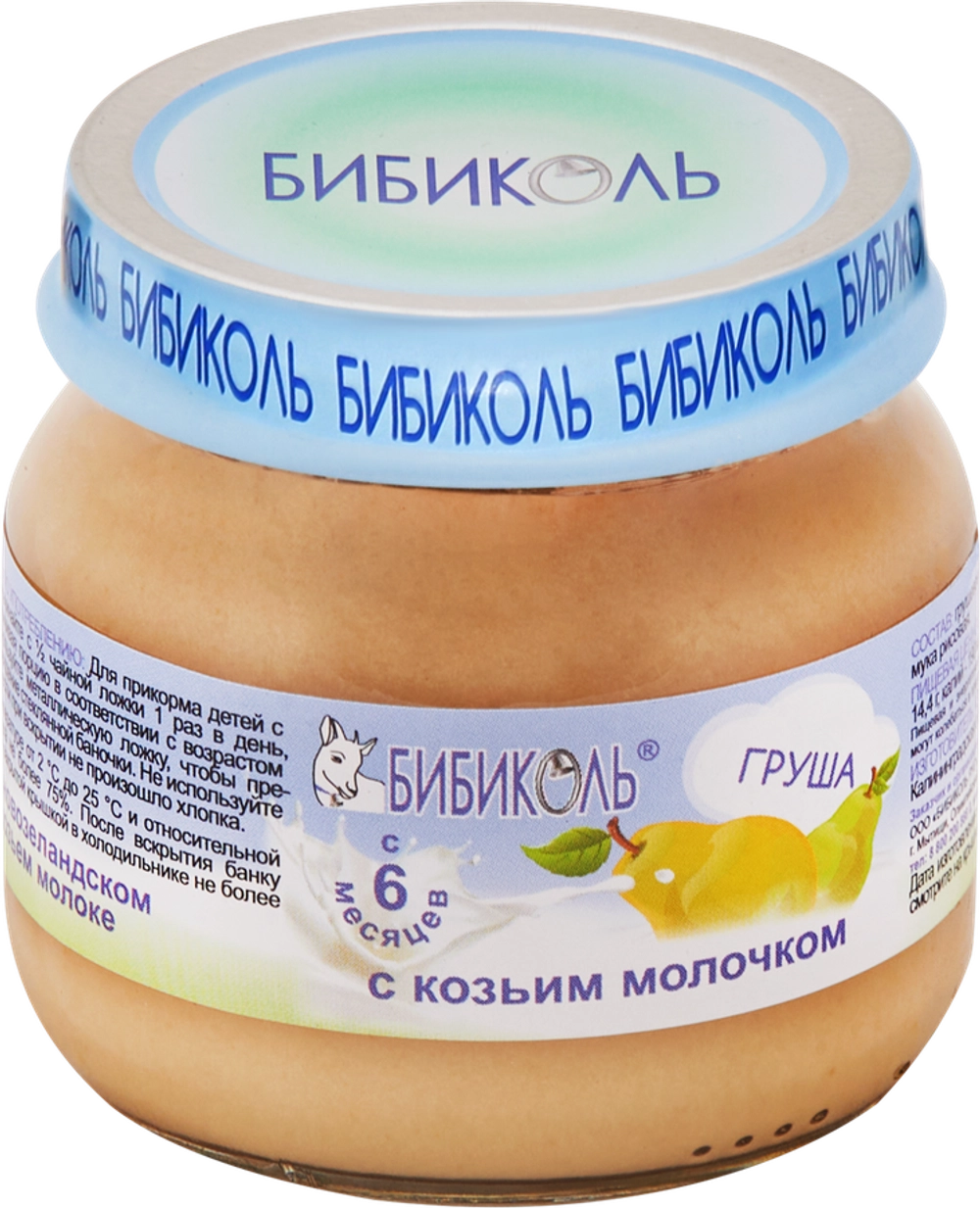 БИБИКОЛЬ фруктово-молочное пюре «Груша с козьим молочком» гомогенизированное, стерилизованное, для питания детей с 6 мес, стекло 80гр, блок 6шт.