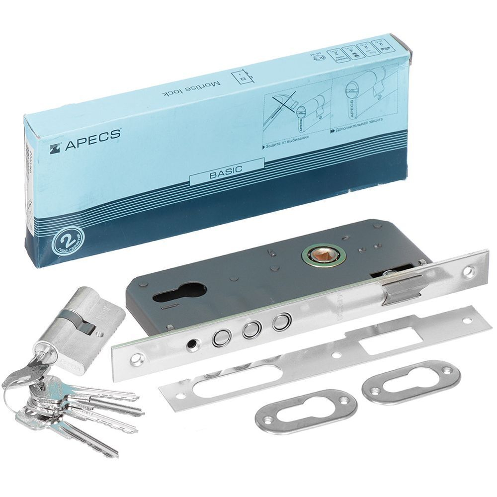 Замок врезной Apecs, 2200/60-CR, 17165, без ручки, цилиндровый, хром