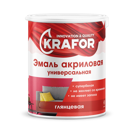 Эмаль универсальная Krafor, акриловая, глянцевая, 1 кг, супербелая