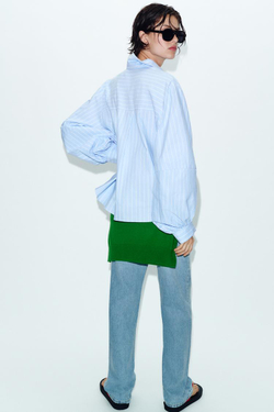 ZARA РУБАШКА В ПОЛОСКУ С ОБЪЕМНЫМИ РУКАВАМИ, ВАСИЛЬКОВЫЙ