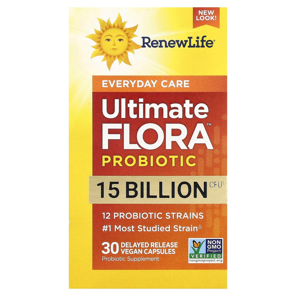 Renew Life, Ultimate Flora™, пробиотик, 15 млрд КОЕ, 30 веганских капсул с отсроченным высвобождением
