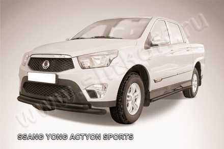 Защита переднего бампера SsangYong Actyon Sport (2012-2016) d76+d57 радиусная серебристая