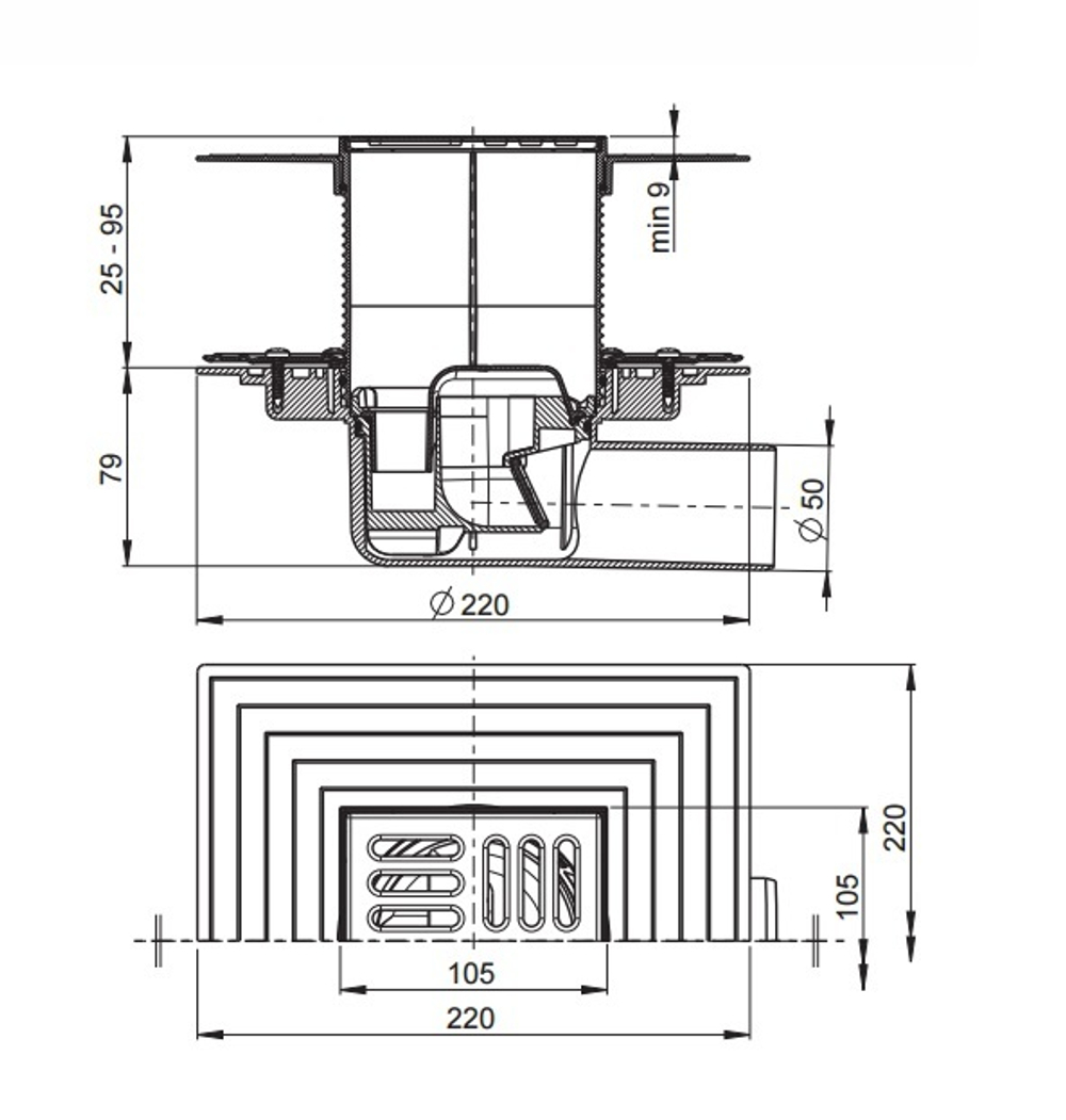 Сливной трап APV1324 105 × 105/50, подводка – боковая, решетка – нержавеющая сталь, фланец –нержавею