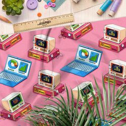 Ткань габардин компьютеры и ноутбуки на розовом фоне