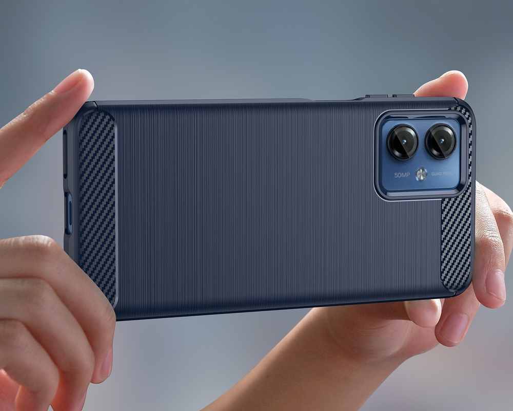 Мягкий чехол синего цвета с дизайном в стиле карбон для Motorola G14, серия Carbon от Caseport